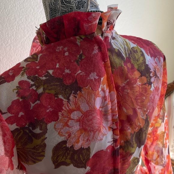 Vintage 1960s Small Floral Full Length Sheer Gown with Ruffle Detail - 60s Pink - Picture 9 of 11